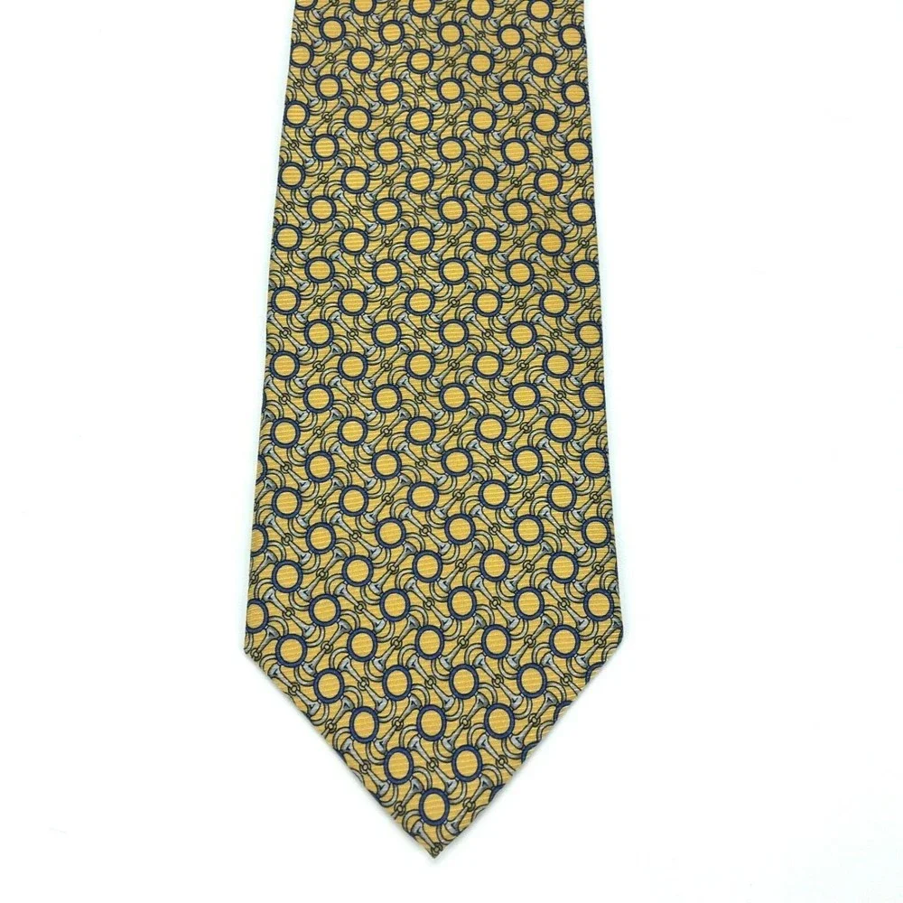 Brooks Basics Pure Silk Yellow Tie Silver Bridle Bits Blue Circles Men's Necktie